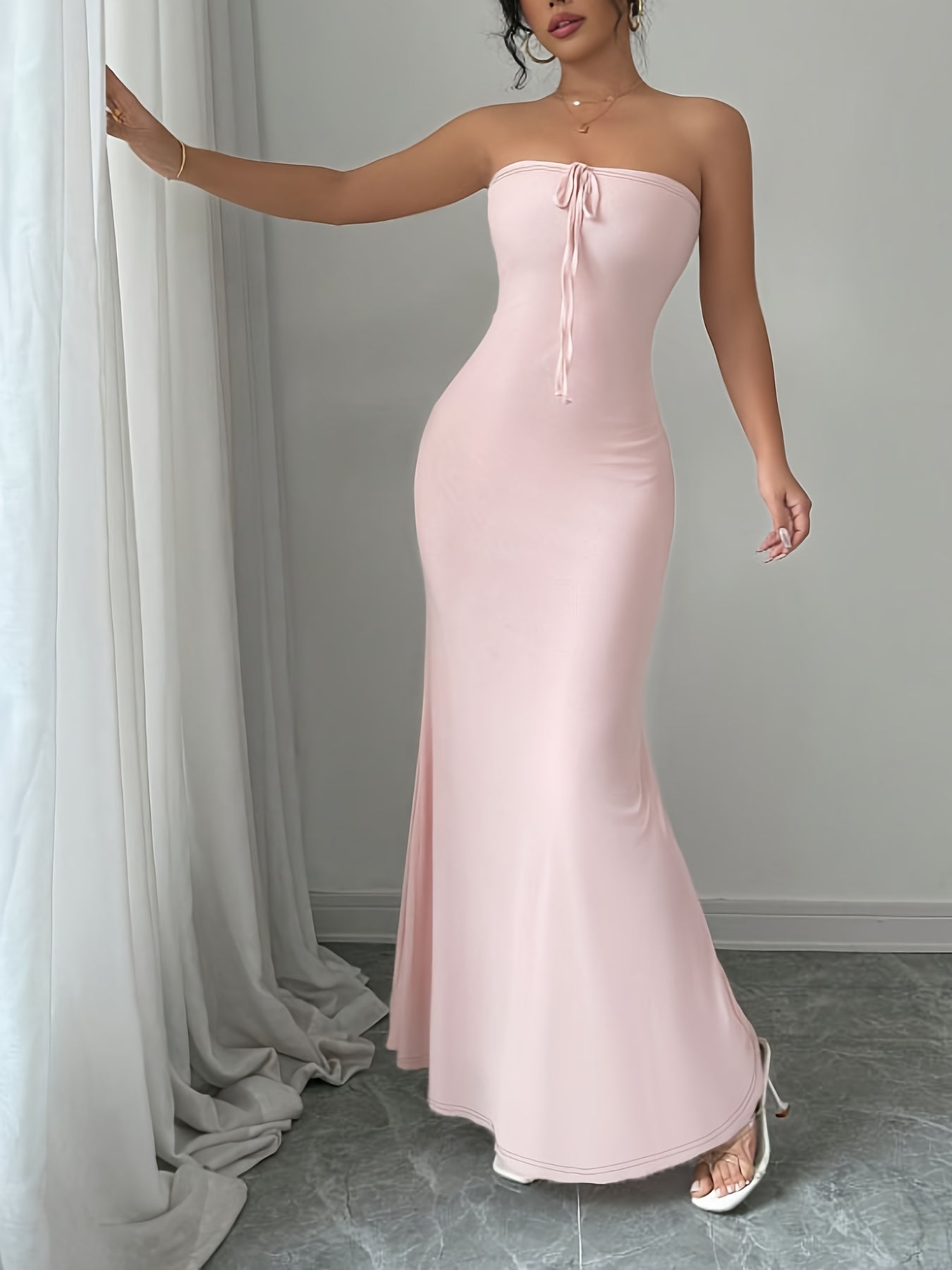 Elegant Pink Strapless Mermaid Maxi Dress - Sheer Fishtail Design, Off-Shoulder Style, Form-Fitting Polyester Fabric, Perfect for Spring/Summer Events, Spring Fashion|Offshoulder Gown|Smooth Lustrous Finish